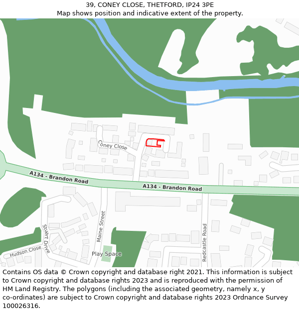 39, CONEY CLOSE, THETFORD, IP24 3PE: Location map and indicative extent of plot