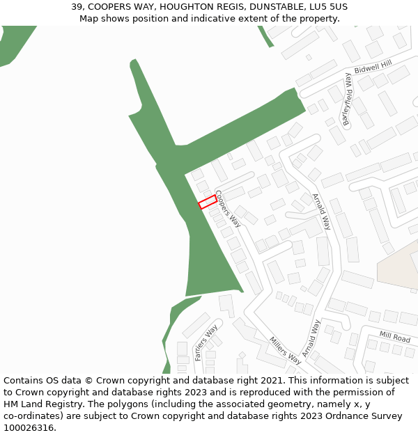 39, COOPERS WAY, HOUGHTON REGIS, DUNSTABLE, LU5 5US: Location map and indicative extent of plot