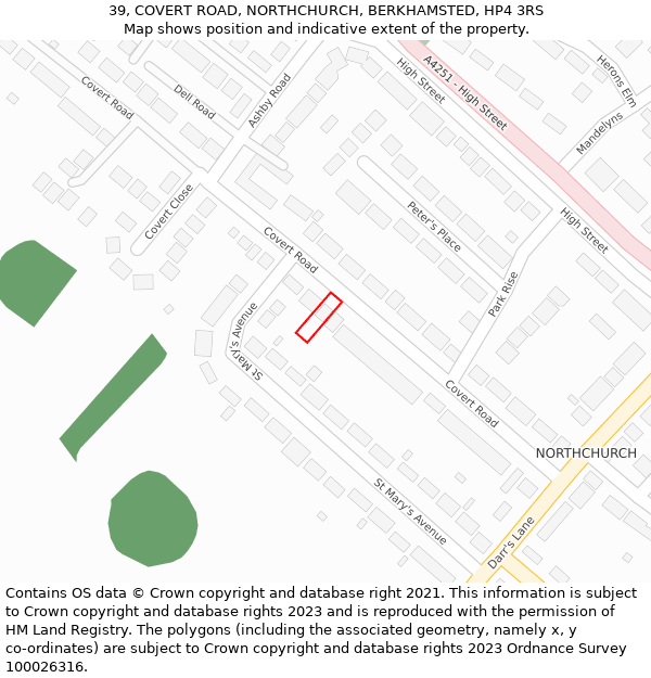 39, COVERT ROAD, NORTHCHURCH, BERKHAMSTED, HP4 3RS: Location map and indicative extent of plot