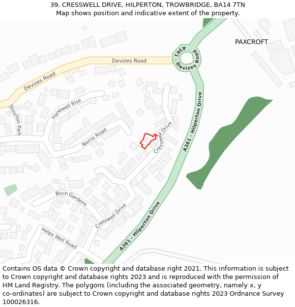 39, CRESSWELL DRIVE, HILPERTON, TROWBRIDGE, BA14 7TN: Location map and indicative extent of plot