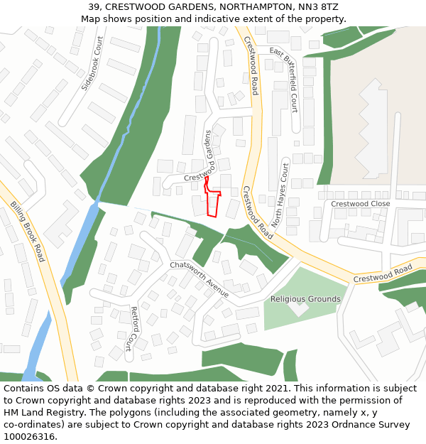 39, CRESTWOOD GARDENS, NORTHAMPTON, NN3 8TZ: Location map and indicative extent of plot