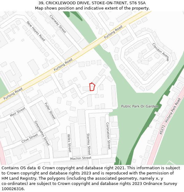 39, CRICKLEWOOD DRIVE, STOKE-ON-TRENT, ST6 5SA: Location map and indicative extent of plot
