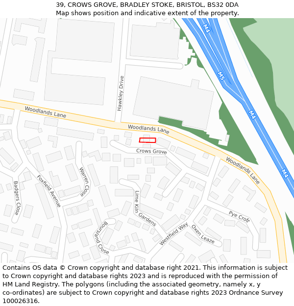 39, CROWS GROVE, BRADLEY STOKE, BRISTOL, BS32 0DA: Location map and indicative extent of plot