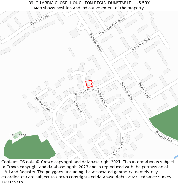 39, CUMBRIA CLOSE, HOUGHTON REGIS, DUNSTABLE, LU5 5RY: Location map and indicative extent of plot