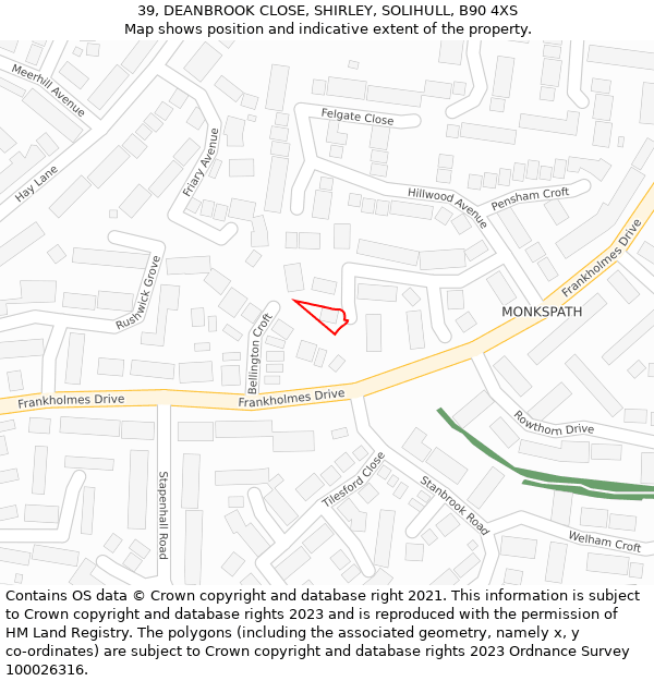 39, DEANBROOK CLOSE, SHIRLEY, SOLIHULL, B90 4XS: Location map and indicative extent of plot