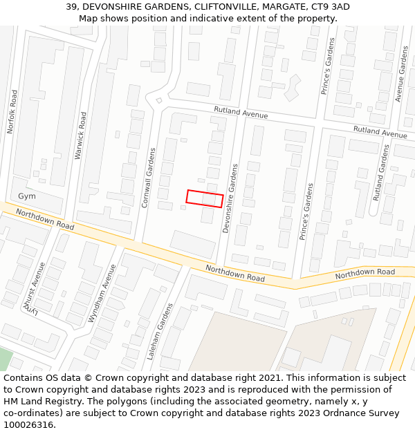 39, DEVONSHIRE GARDENS, CLIFTONVILLE, MARGATE, CT9 3AD: Location map and indicative extent of plot