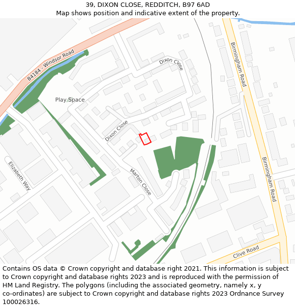 39, DIXON CLOSE, REDDITCH, B97 6AD: Location map and indicative extent of plot