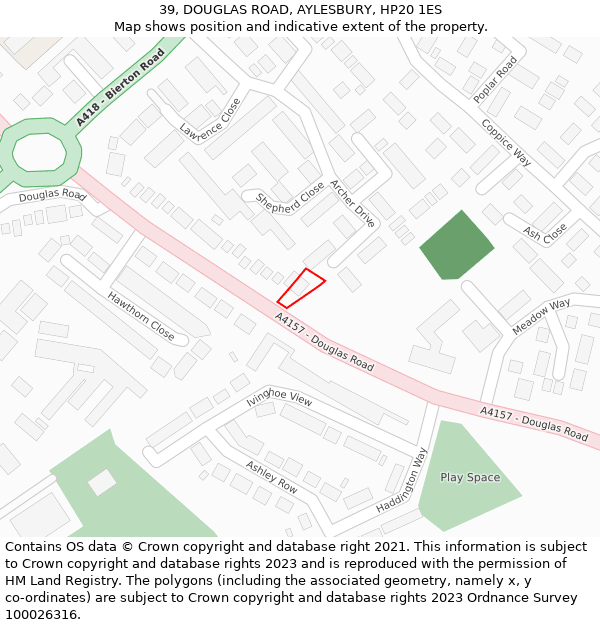 39, DOUGLAS ROAD, AYLESBURY, HP20 1ES: Location map and indicative extent of plot