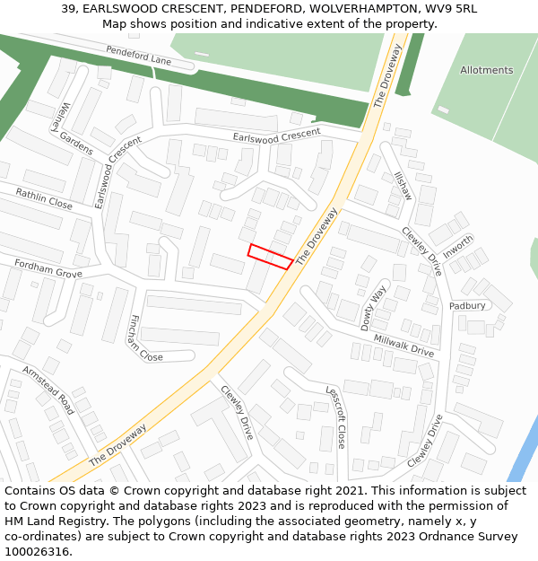 39, EARLSWOOD CRESCENT, PENDEFORD, WOLVERHAMPTON, WV9 5RL: Location map and indicative extent of plot