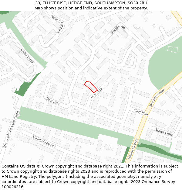 39, ELLIOT RISE, HEDGE END, SOUTHAMPTON, SO30 2RU: Location map and indicative extent of plot