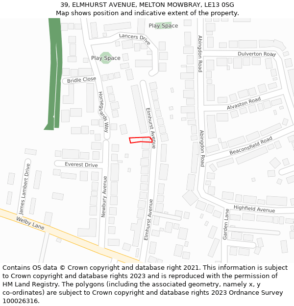 39, ELMHURST AVENUE, MELTON MOWBRAY, LE13 0SG: Location map and indicative extent of plot