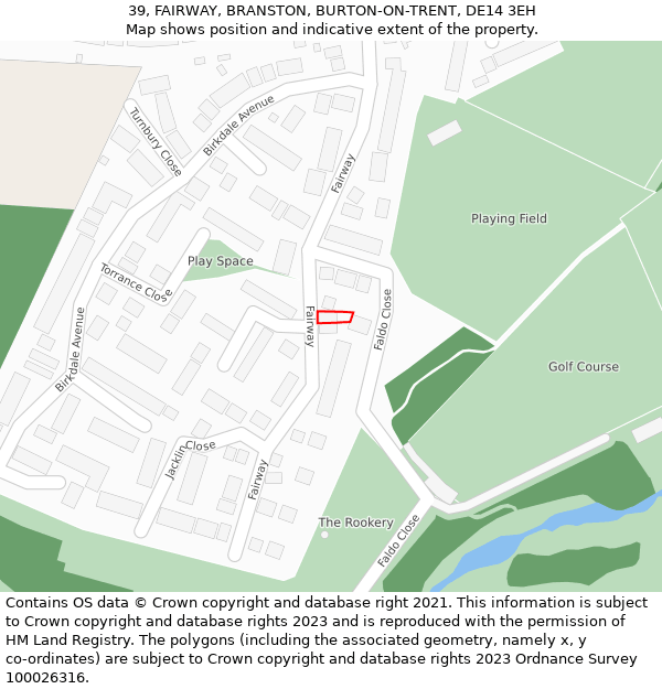 39, FAIRWAY, BRANSTON, BURTON-ON-TRENT, DE14 3EH: Location map and indicative extent of plot