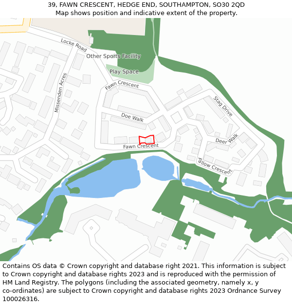 39, FAWN CRESCENT, HEDGE END, SOUTHAMPTON, SO30 2QD: Location map and indicative extent of plot