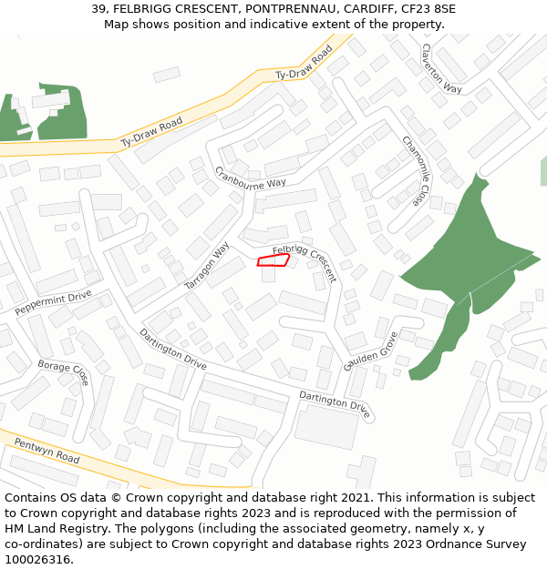 39, FELBRIGG CRESCENT, PONTPRENNAU, CARDIFF, CF23 8SE: Location map and indicative extent of plot