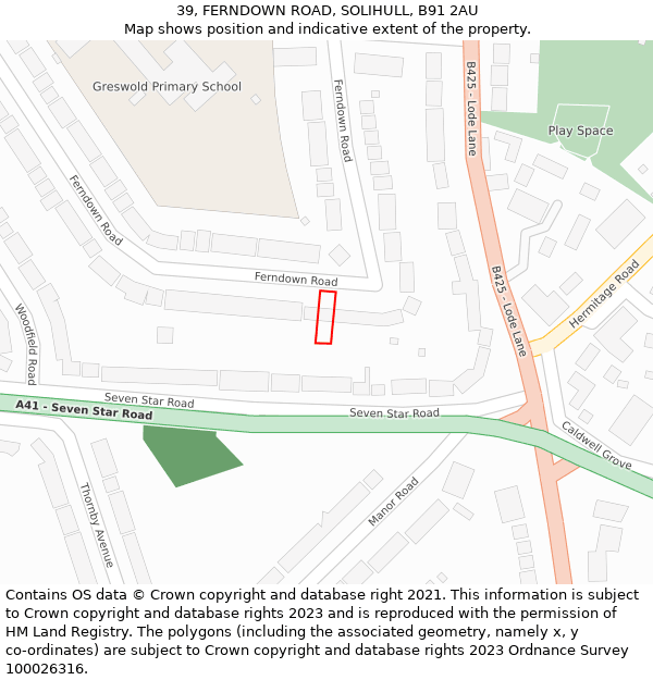 39, FERNDOWN ROAD, SOLIHULL, B91 2AU: Location map and indicative extent of plot