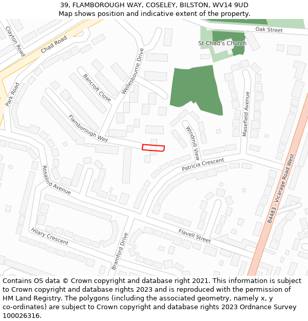39, FLAMBOROUGH WAY, COSELEY, BILSTON, WV14 9UD: Location map and indicative extent of plot