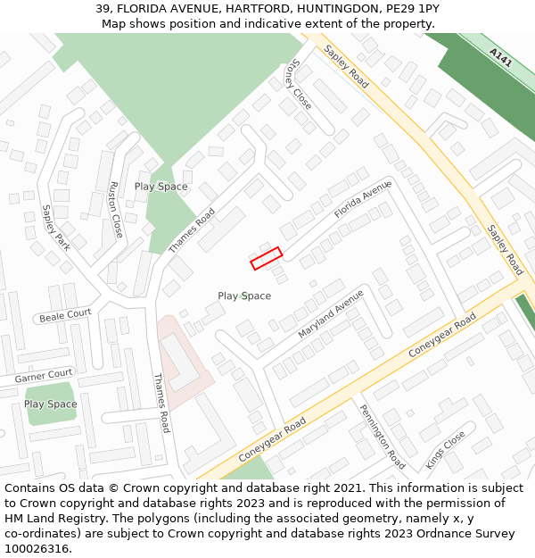 39, FLORIDA AVENUE, HARTFORD, HUNTINGDON, PE29 1PY: Location map and indicative extent of plot