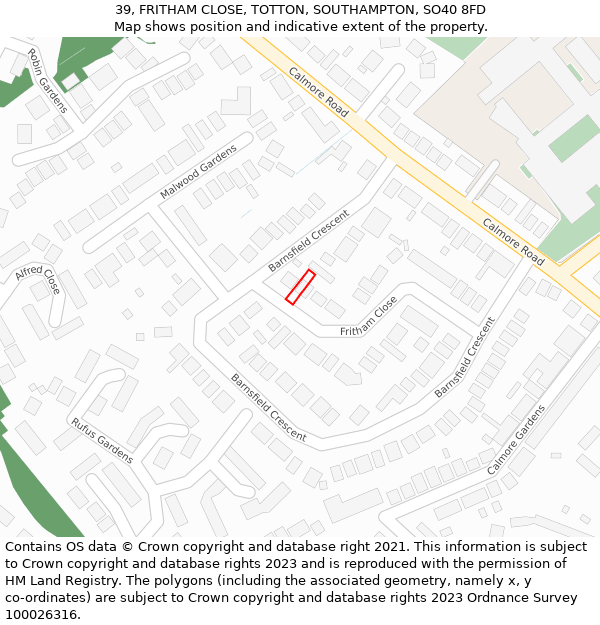 39, FRITHAM CLOSE, TOTTON, SOUTHAMPTON, SO40 8FD: Location map and indicative extent of plot