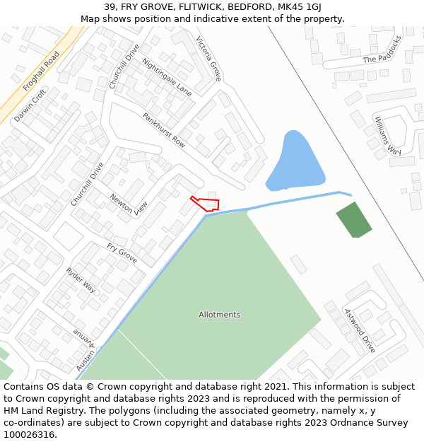 39, FRY GROVE, FLITWICK, BEDFORD, MK45 1GJ: Location map and indicative extent of plot