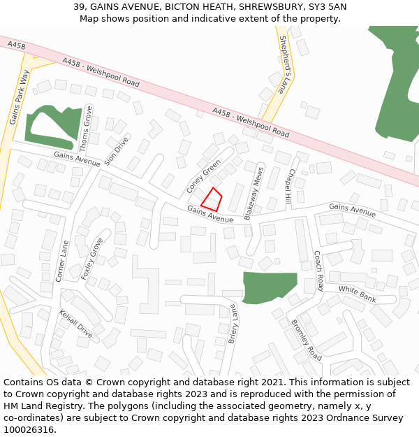 39, GAINS AVENUE, BICTON HEATH, SHREWSBURY, SY3 5AN: Location map and indicative extent of plot