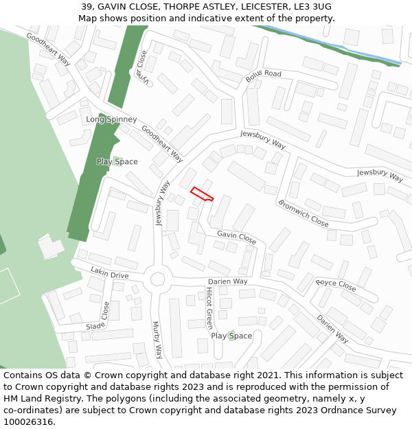 39, GAVIN CLOSE, THORPE ASTLEY, LEICESTER, LE3 3UG: Location map and indicative extent of plot