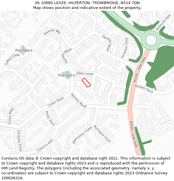 39, GIBBS LEAZE, HILPERTON, TROWBRIDGE, BA14 7QN: Location map and indicative extent of plot