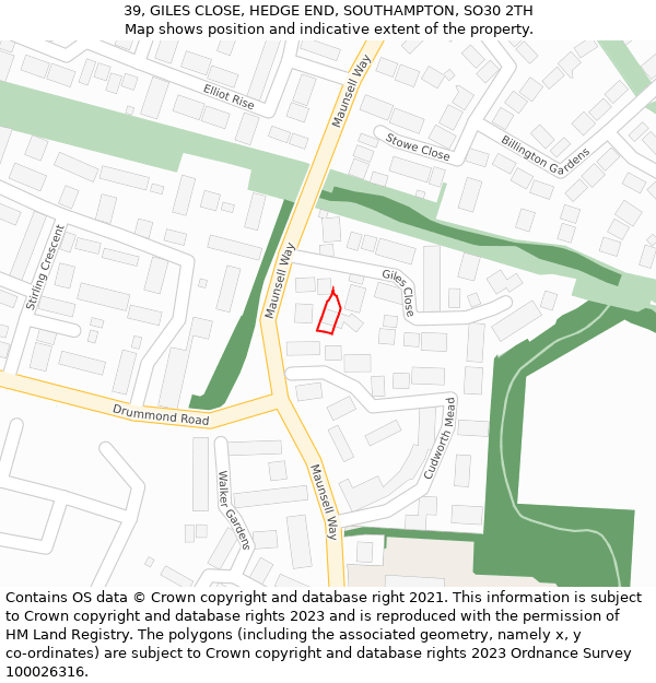 39, GILES CLOSE, HEDGE END, SOUTHAMPTON, SO30 2TH: Location map and indicative extent of plot