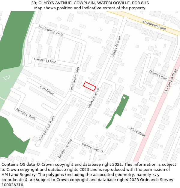 39, GLADYS AVENUE, COWPLAIN, WATERLOOVILLE, PO8 8HS: Location map and indicative extent of plot