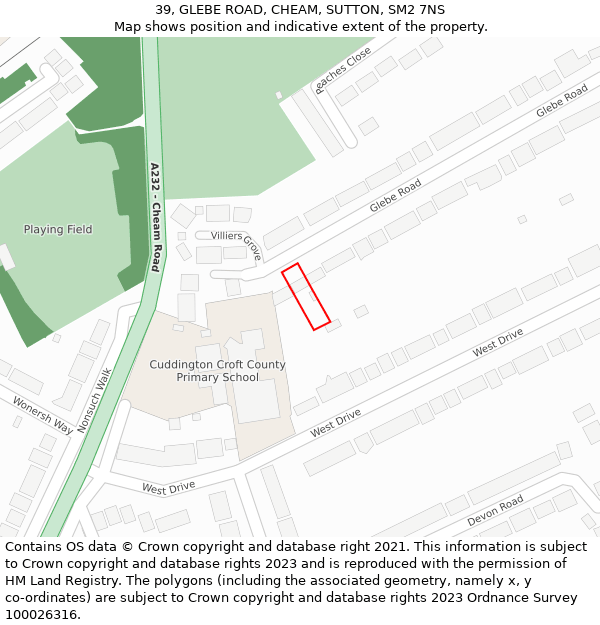 39, GLEBE ROAD, CHEAM, SUTTON, SM2 7NS: Location map and indicative extent of plot