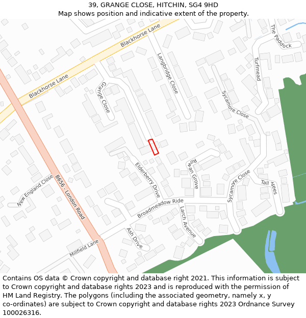 39, GRANGE CLOSE, HITCHIN, SG4 9HD: Location map and indicative extent of plot