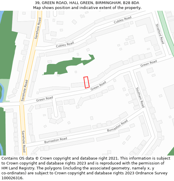 39, GREEN ROAD, HALL GREEN, BIRMINGHAM, B28 8DA: Location map and indicative extent of plot