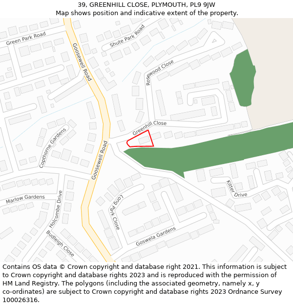 39, GREENHILL CLOSE, PLYMOUTH, PL9 9JW: Location map and indicative extent of plot