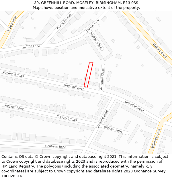 39, GREENHILL ROAD, MOSELEY, BIRMINGHAM, B13 9SS: Location map and indicative extent of plot