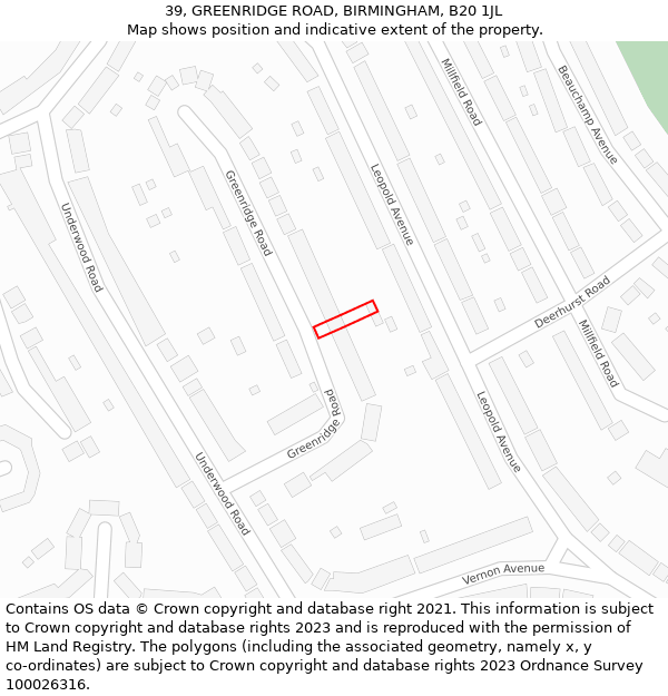 39, GREENRIDGE ROAD, BIRMINGHAM, B20 1JL: Location map and indicative extent of plot