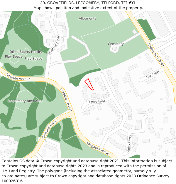 39, GROVEFIELDS, LEEGOMERY, TELFORD, TF1 6YL: Location map and indicative extent of plot