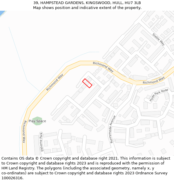 39, HAMPSTEAD GARDENS, KINGSWOOD, HULL, HU7 3LB: Location map and indicative extent of plot