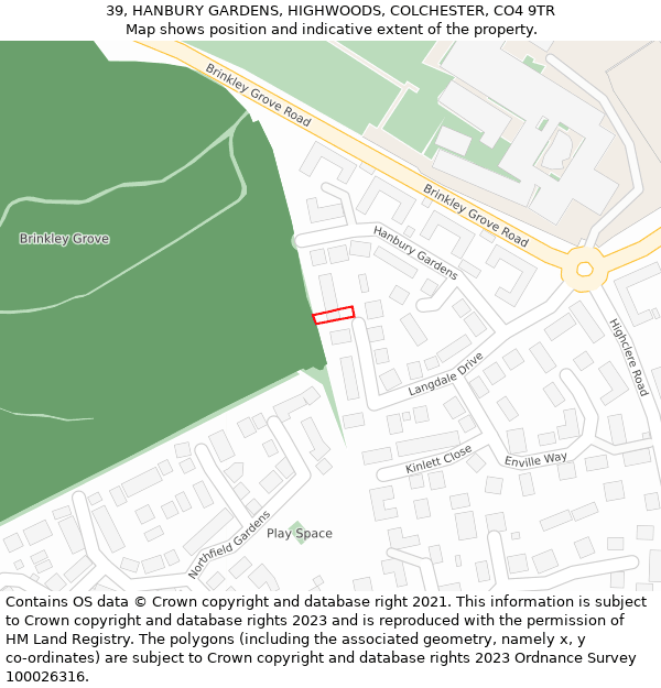 39, HANBURY GARDENS, HIGHWOODS, COLCHESTER, CO4 9TR: Location map and indicative extent of plot