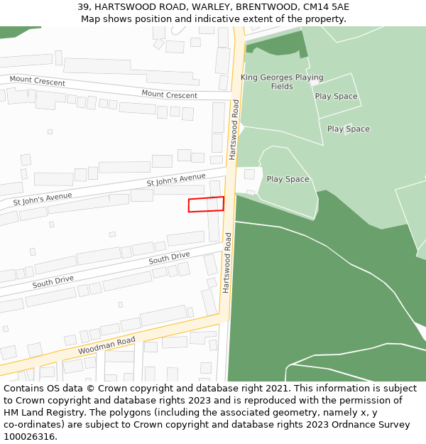 39, HARTSWOOD ROAD, WARLEY, BRENTWOOD, CM14 5AE: Location map and indicative extent of plot