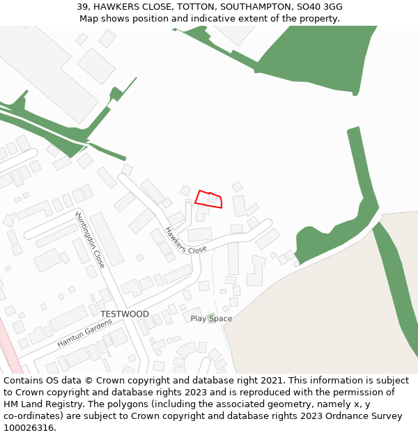 39, HAWKERS CLOSE, TOTTON, SOUTHAMPTON, SO40 3GG: Location map and indicative extent of plot