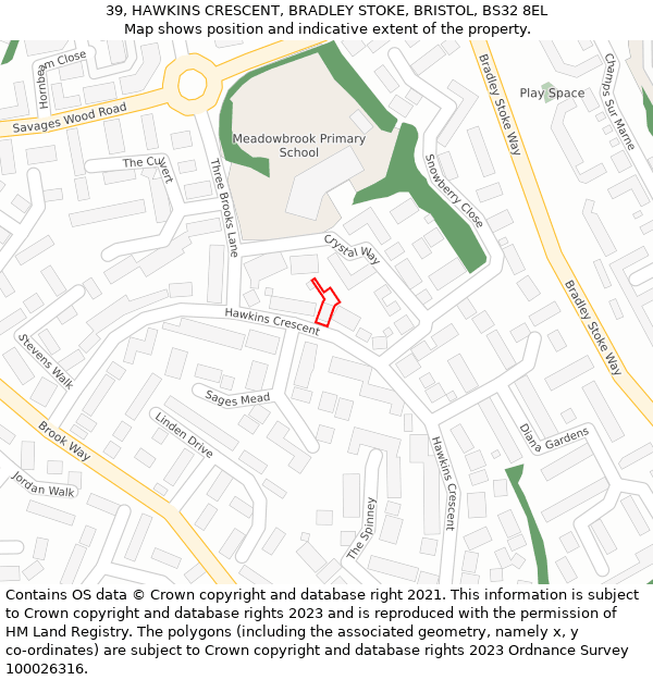 39, HAWKINS CRESCENT, BRADLEY STOKE, BRISTOL, BS32 8EL: Location map and indicative extent of plot