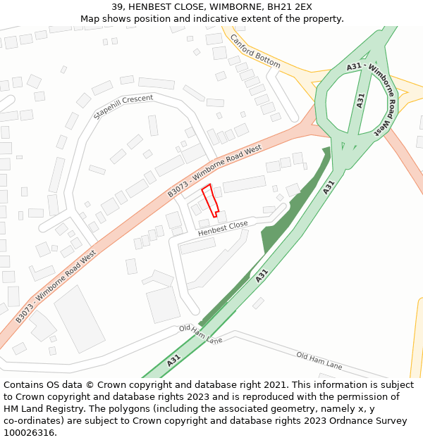 39, HENBEST CLOSE, WIMBORNE, BH21 2EX: Location map and indicative extent of plot