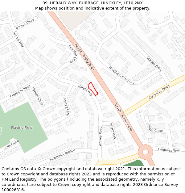 39, HERALD WAY, BURBAGE, HINCKLEY, LE10 2NX: Location map and indicative extent of plot