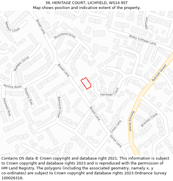 39, HERITAGE COURT, LICHFIELD, WS14 9ST: Location map and indicative extent of plot