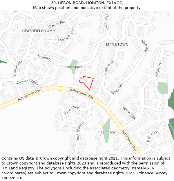 39, HERON ROAD, HONITON, EX14 2GJ: Location map and indicative extent of plot