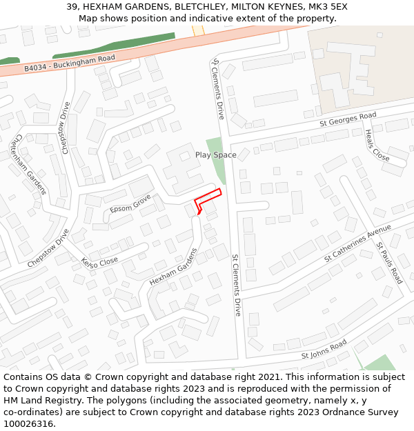 39, HEXHAM GARDENS, BLETCHLEY, MILTON KEYNES, MK3 5EX: Location map and indicative extent of plot