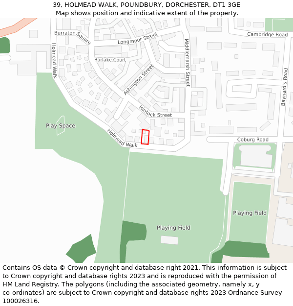 39, HOLMEAD WALK, POUNDBURY, DORCHESTER, DT1 3GE: Location map and indicative extent of plot