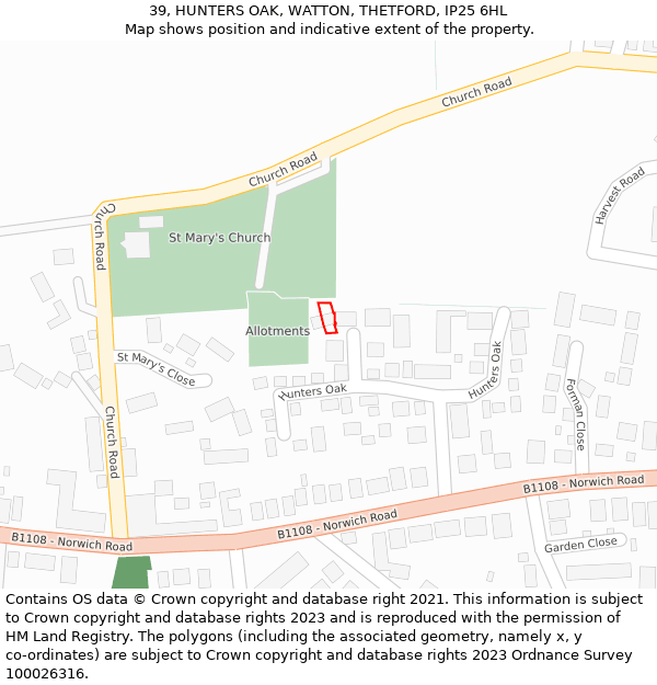 39, HUNTERS OAK, WATTON, THETFORD, IP25 6HL: Location map and indicative extent of plot