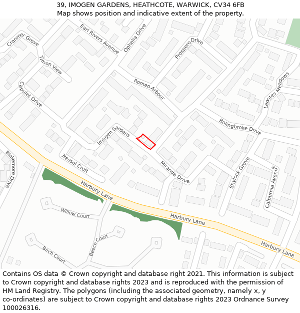 39, IMOGEN GARDENS, HEATHCOTE, WARWICK, CV34 6FB: Location map and indicative extent of plot