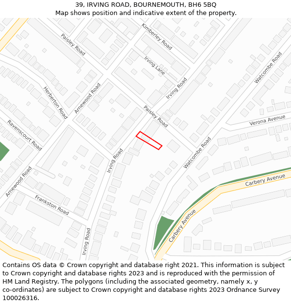 39, IRVING ROAD, BOURNEMOUTH, BH6 5BQ: Location map and indicative extent of plot