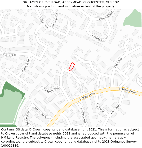 39, JAMES GRIEVE ROAD, ABBEYMEAD, GLOUCESTER, GL4 5GZ: Location map and indicative extent of plot